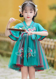 Cute Green Embroideried Tie Waist Tulle Girls Mid Dress Summer