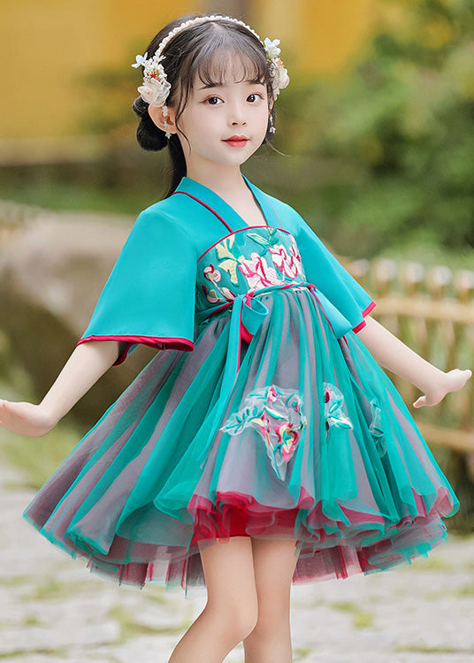 Cute Green Embroideried Tie Waist Tulle Girls Mid Dress Summer