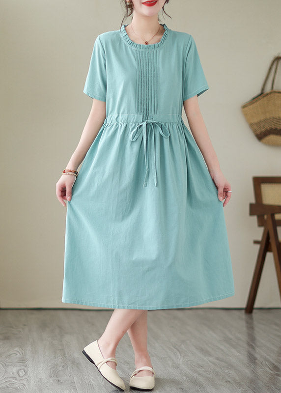 Cute Green O-Neck Patchwork Tie Waist Solid Linen Long Dresses Short Sleeve