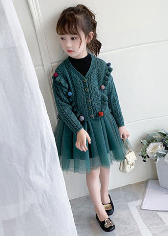 Cute Green O Neck Tulle Patchwork Knit Girls Two Pieces Set Fall