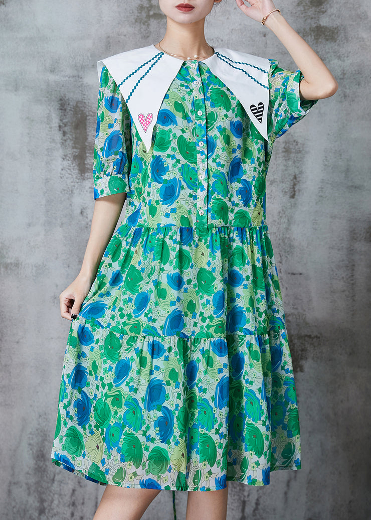 Cute Green Peter Pan Collar Print Chiffon A Line Dress Summer