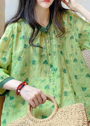 Cute Green Peter Pan Collar Print Linen Blouses Summer