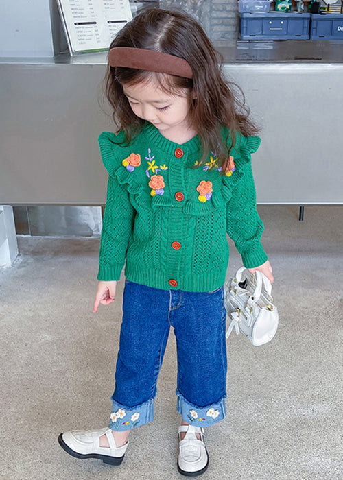 Cute Green Ruffled Knit Coat And Denim Pants Girls Sets 2 Pieces Fall