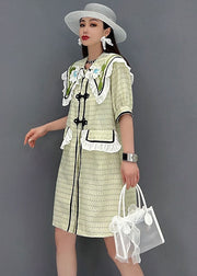 Cute Green Sailor Collar Patchwork Ruffled Cotton Maxi Dress Short Sleeve