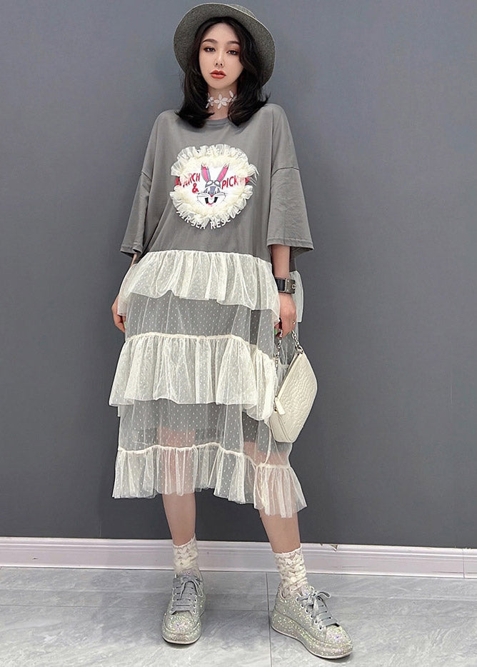 Cute Grey O-Neck Patchwork Tulle Dress Short Sleeve