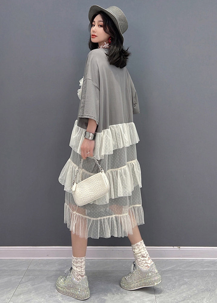 Cute Grey O-Neck Patchwork Tulle Dress Short Sleeve