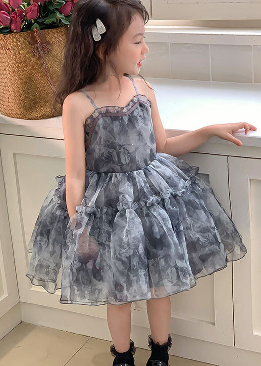 Cute Grey Ruffled Patchwork Tulle Baby Girls Dresses Sleeveless