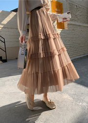 Cute Khaki High Waist Wrinkled Tulle Cake Skirt Spring