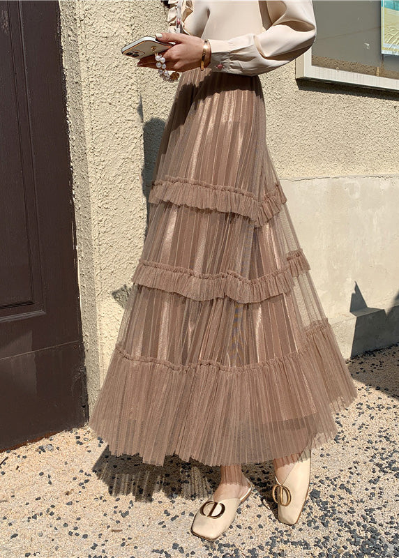 Cute Khaki High Waist Wrinkled Tulle Cake Skirt Spring