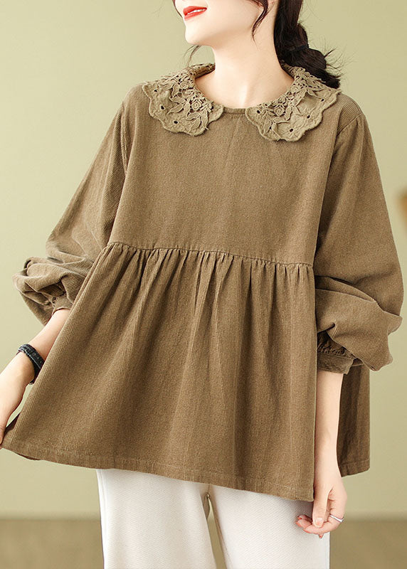 Cute Khaki Lace Patchwork Wrinkled Tops Long Sleeve