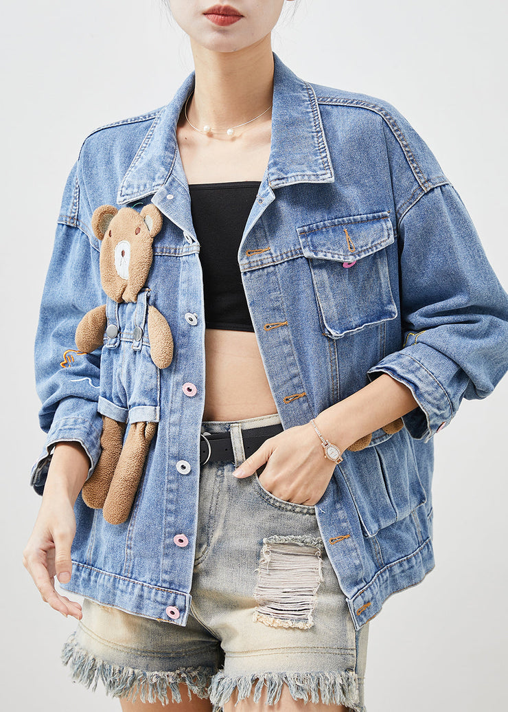 Cute Light Blue Bear Oversized Denim Coats Spring