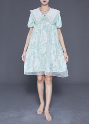 Cute Light Blue Bow Collar Print Tulle A Line Dress Summer