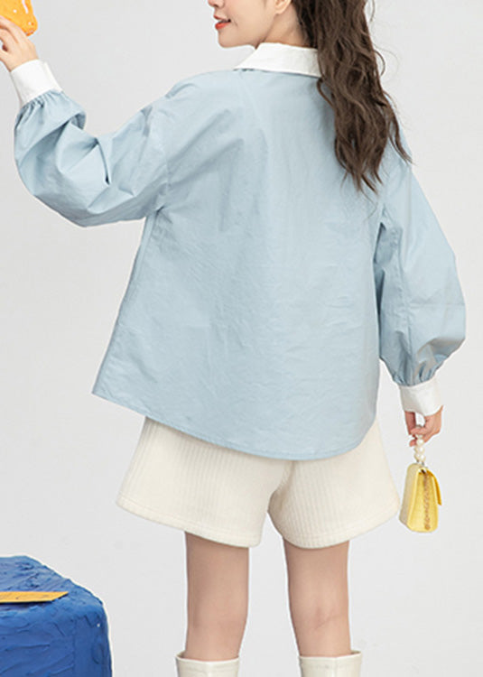 Cute Light Blue Embroideried Floral Button Cotton Shirts Spring