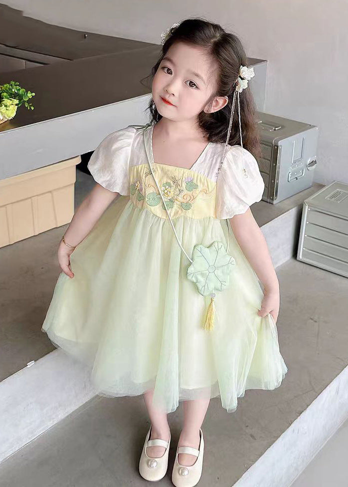 Cute Light Green Square Collar Patchwork Tulle Kids Long Dresses Short Sleeve