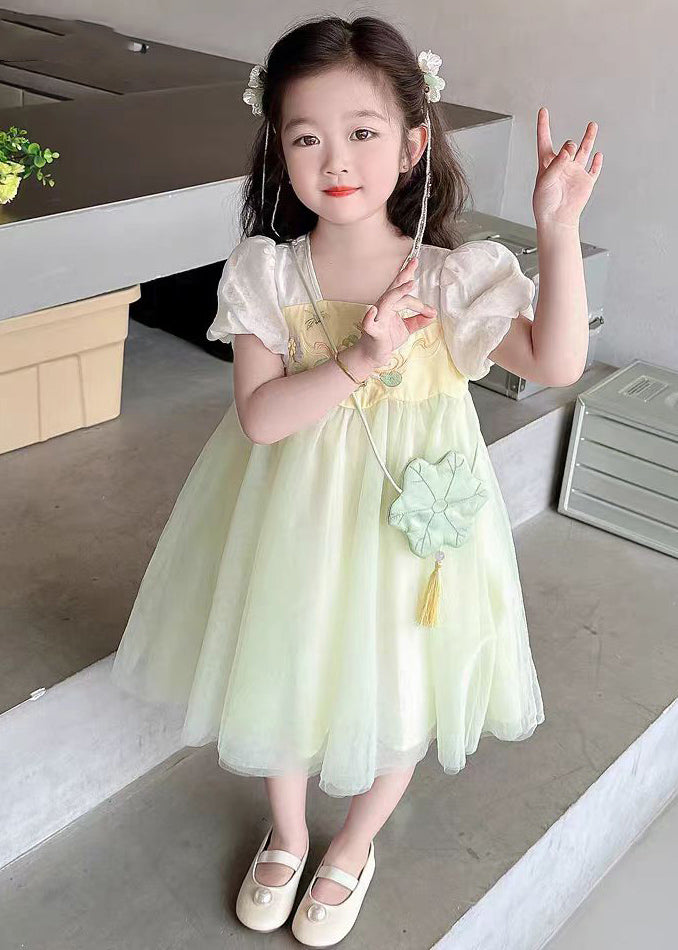 Cute Light Green Square Collar Patchwork Tulle Kids Long Dresses Short Sleeve