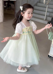 Cute Light Green Square Collar Patchwork Tulle Kids Long Dresses Short Sleeve