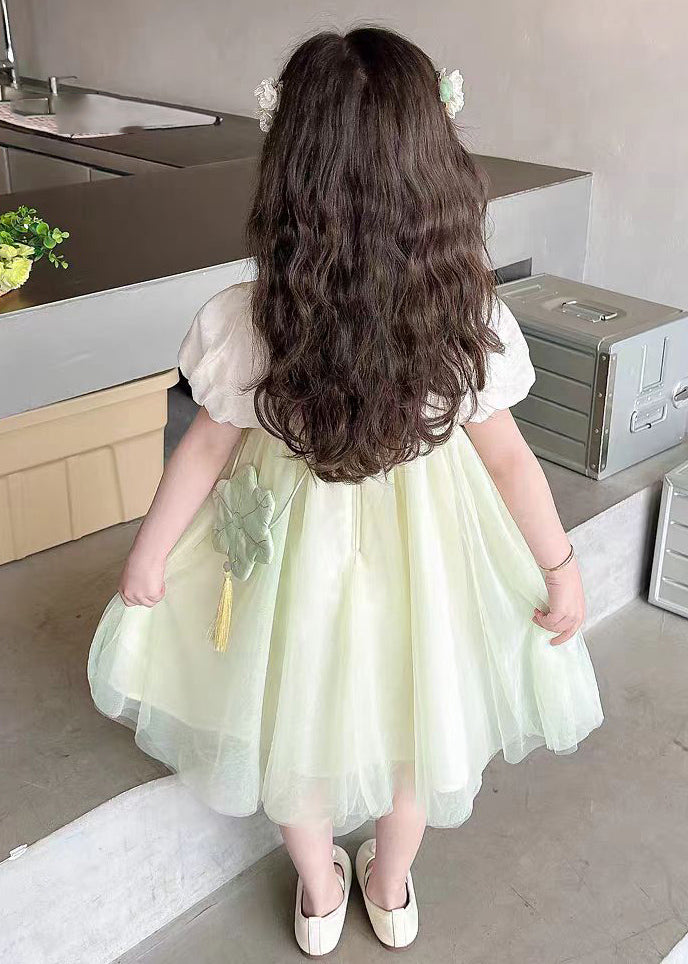 Cute Light Green Square Collar Patchwork Tulle Kids Long Dresses Short Sleeve