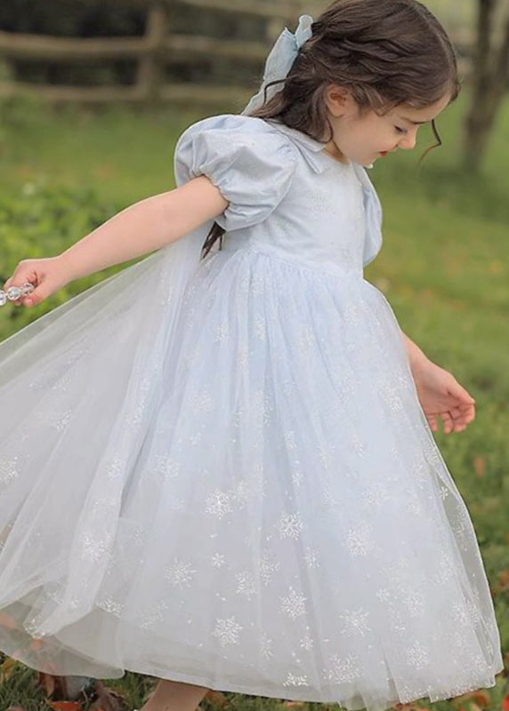 Cute Lighy Blue O-Neck Patchwork Wrinkled Tulle Kids Long Dress Summer