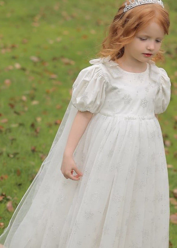 Cute Lighy Blue O-Neck Patchwork Wrinkled Tulle Kids Long Dress Summer