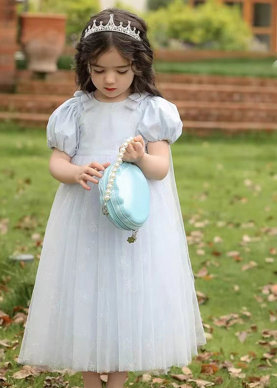 Cute Lighy Blue O-Neck Patchwork Wrinkled Tulle Kids Long Dress Summer