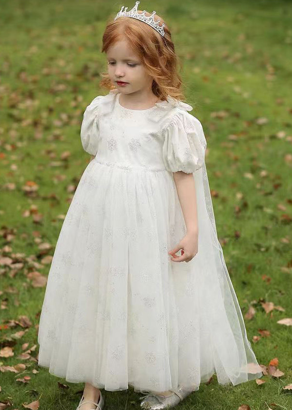 Cute Lighy Blue O-Neck Patchwork Wrinkled Tulle Kids Long Dress Summer