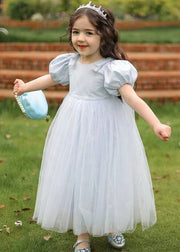 Cute Lighy Blue O-Neck Patchwork Wrinkled Tulle Kids Long Dress Summer