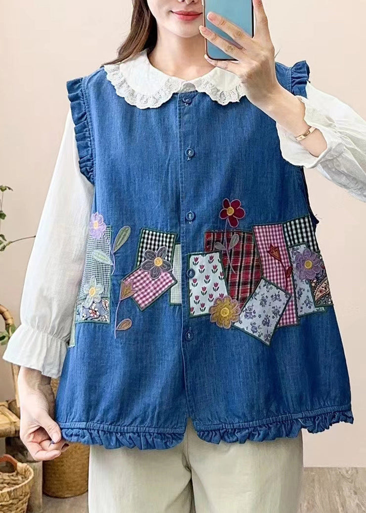 Cute Navy Embroidered Patchwork Button Waistcoat Sleeveless