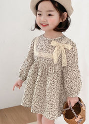 Cute O-Neck Print Lace Patchwork Bow Girls Mid Dress Long Sleeve