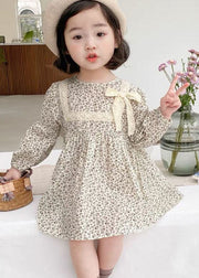 Cute O-Neck Print Lace Patchwork Bow Girls Mid Dress Long Sleeve