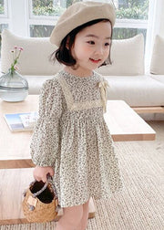 Cute O-Neck Print Lace Patchwork Bow Girls Mid Dress Long Sleeve