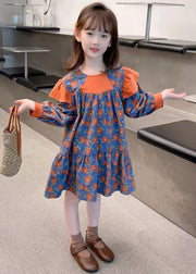 Cute Orange O Neck Print Patchwork Cotton Girls Dress Fall