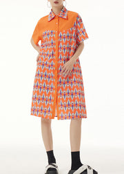 Cute Orange Peter Pan Collar Print Button Mid Dresses Short Sleeve