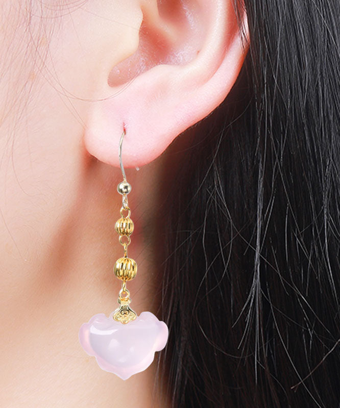 Cute Pink 14K Gold Crystal Ruyi Drop Earrings