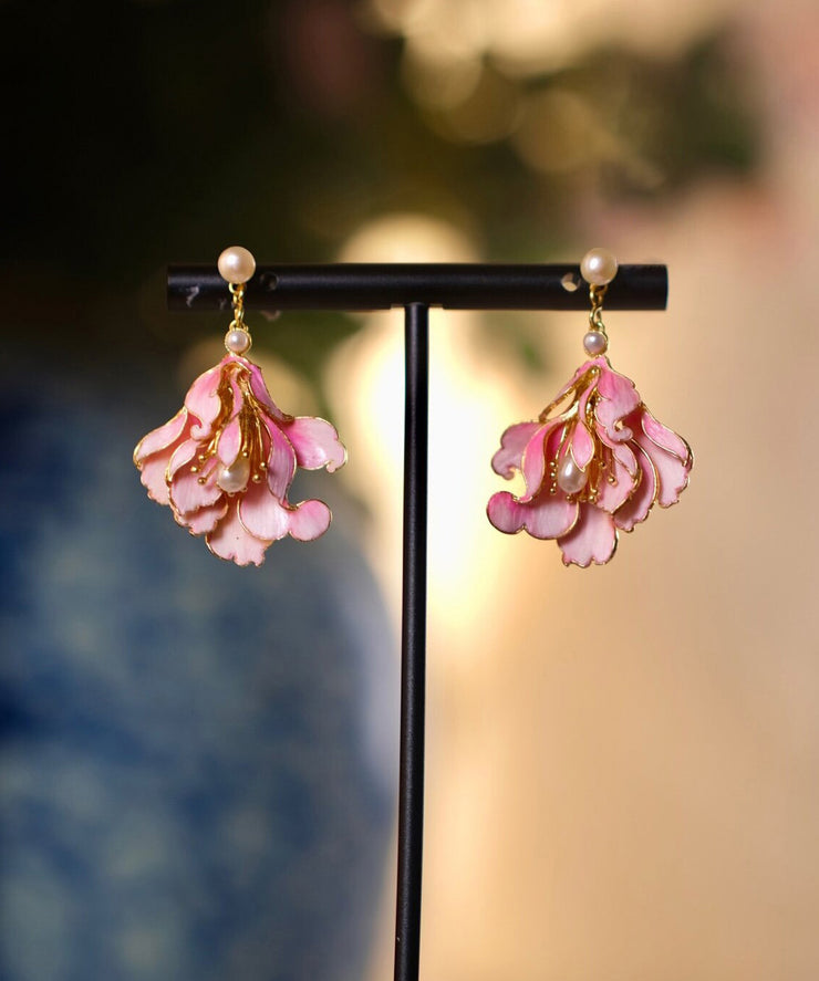 Cute Pink Alloy Pearl Enamel Jade Orchid Drop Earrings