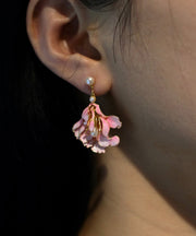 Cute Pink Alloy Pearl Enamel Jade Orchid Drop Earrings