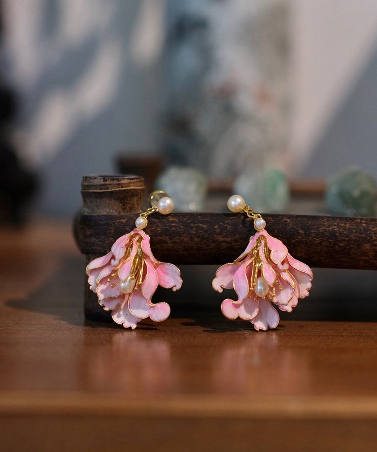 Cute Pink Alloy Pearl Enamel Jade Orchid Drop Earrings