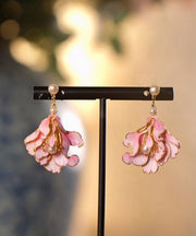 Cute Pink Alloy Pearl Enamel Jade Orchid Drop Earrings