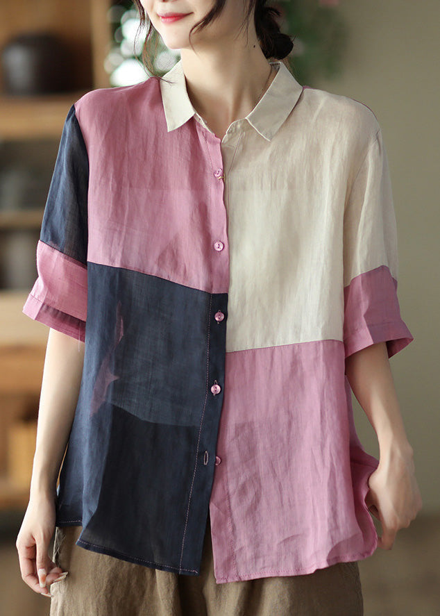 Cute Pink Button Cozy Ramie Shirt Summer