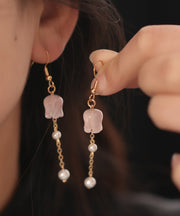 Cute Pink Copper Overgild Crystal Pearl Lily Of The Valley Tassel Drop Earrings