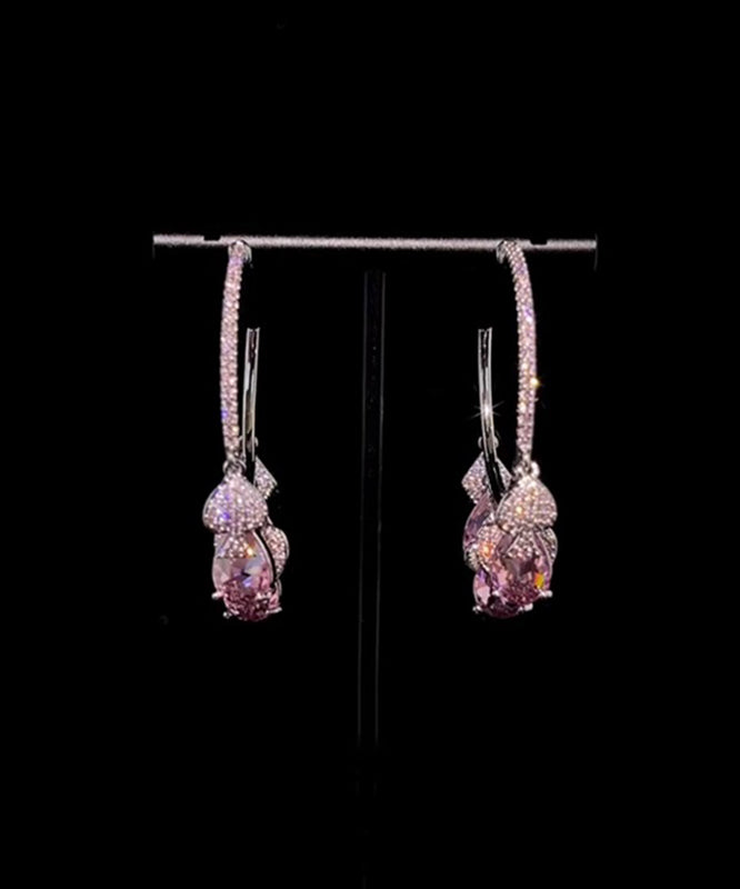 Cute Pink Copper Overgild Zircon Tassel Hoop Earrings