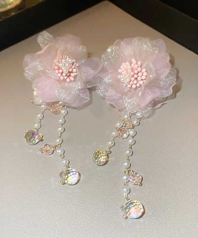 Cute Pink Crystal Pearl Tulle Floral Tassel Drop Earrings