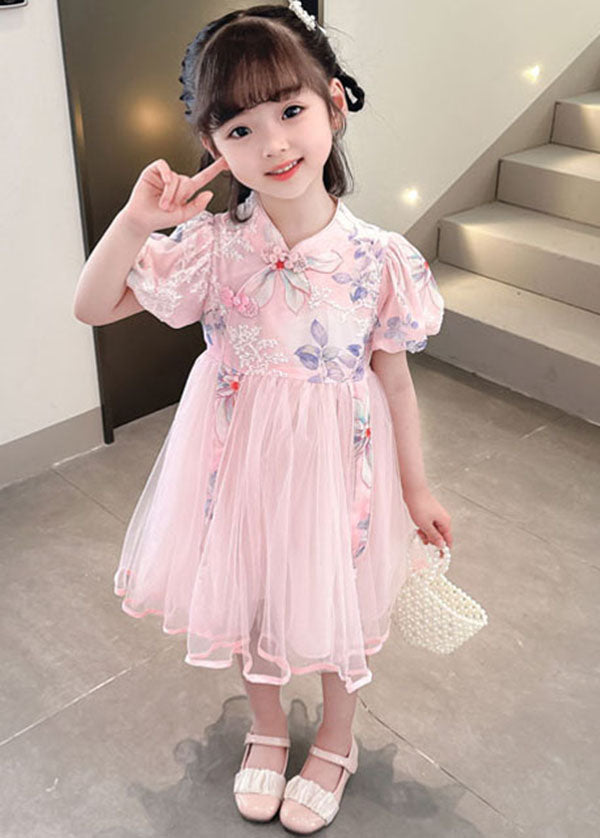 Cute Pink Embroideried Chinese Button Patchwork Tulle Baby Girls Dresses Summer