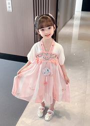 Cute Pink Embroideried Patchwork Bow Chiffon Kids Maxi Dress Summer