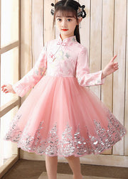 Cute Pink Embroideried Patchwork Tulle Girls Long Dress Fall