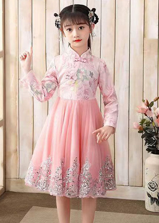 Cute Pink Embroideried Patchwork Tulle Girls Long Dress Fall