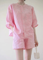 Cute Pink O-Neck Button Shirts And Shorts Two Pieces Set Summer