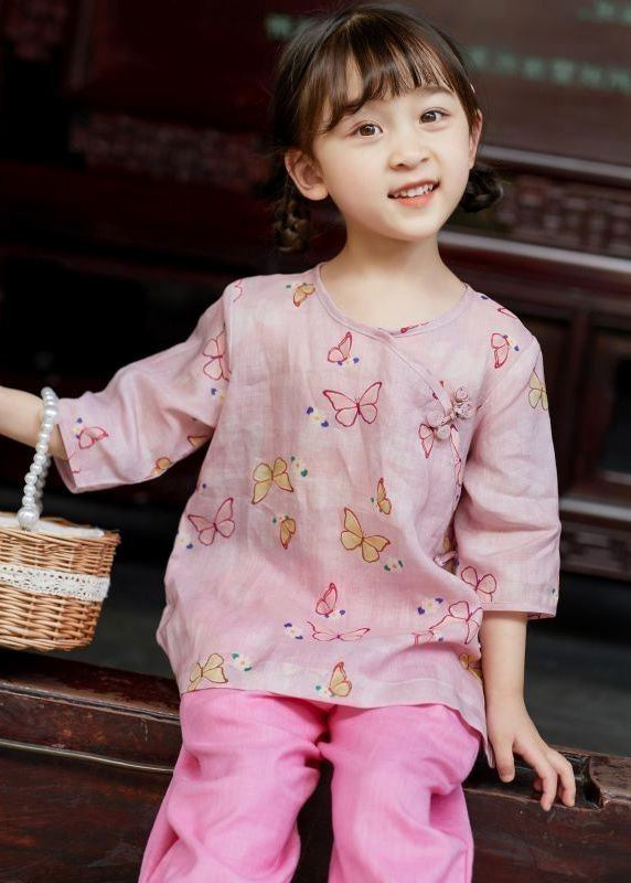 Cute Pink O-Neck Print Button Linen Shirt Summer