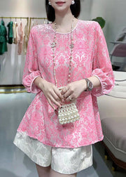 Cute Pink O-Neck Silk Velour Patchwork Chiffon T Shirt Fall