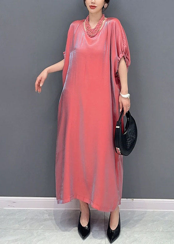 Cute Pink O-Neck Solid Silk Long Dress Short Sleeve