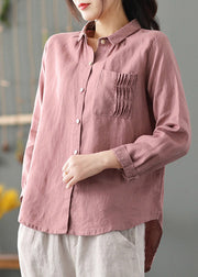 Cute Color Geometry Peter Pan Collar Patchwork Solid Button Low High Design Linen Shirt Long Sleeve